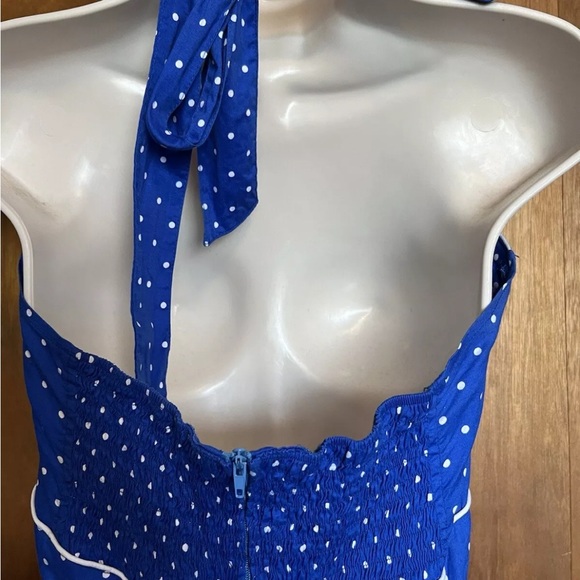 Hell Bunny Vixen Blue White Polka Dot Halter Swing Dress Size Large - Picture 13 of 16